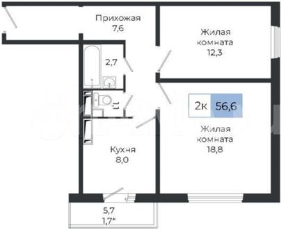 2-комн. квартира, 54.6 м&sup2;