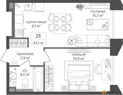 1-комн. квартира, 44.1 м&sup2;