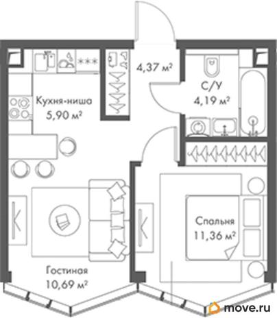 1-комн. квартира, 36.51 м&sup2;
