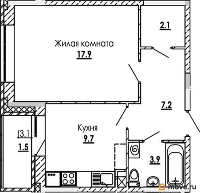 1-комн. квартира, 42.3 м&sup2;