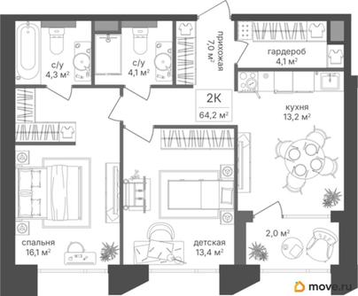 2-комн. квартира, 64.2 м&sup2;