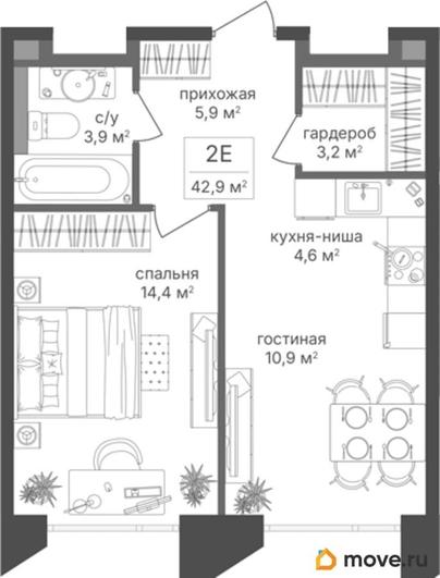 1-комн. квартира, 42.9 м&sup2;