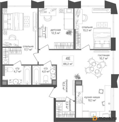 3-комн. квартира, 86.2 м&sup2;
