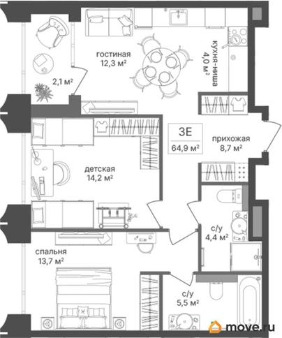 2-комн. квартира, 64.9 м&sup2;