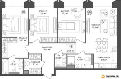 3-комн. квартира, 96.6 м&sup2;