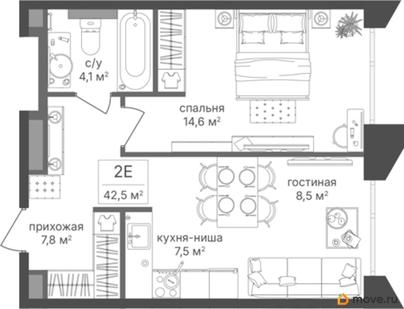 1-комн. квартира, 42.5 м&sup2;