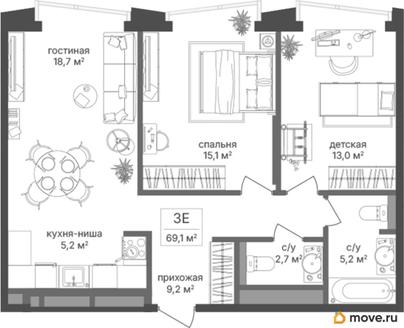 2-комн. квартира, 69.1 м&sup2;
