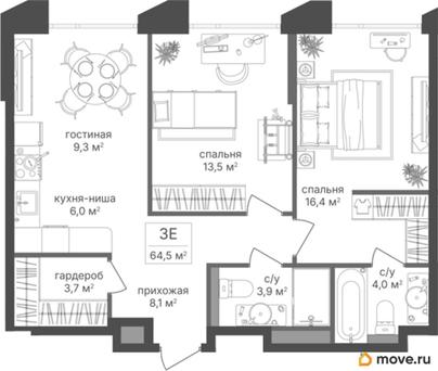 2-комн. квартира, 64.5 м&sup2;