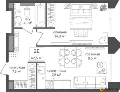 1-комн. квартира, 42.5 м&sup2;