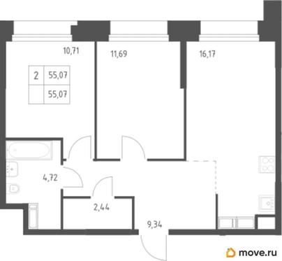 2-комн. квартира, 55.07 м&sup2;