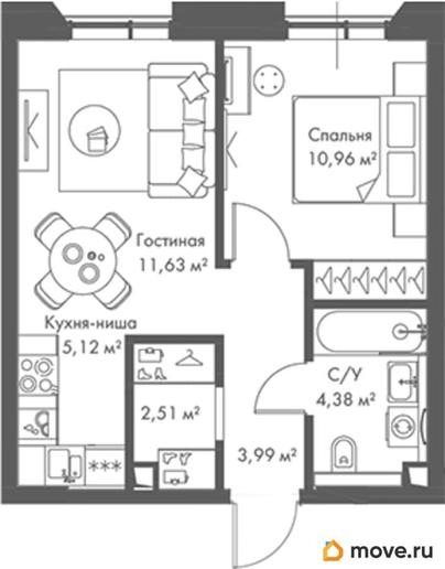 1-комн. квартира, 38.59 м&sup2;