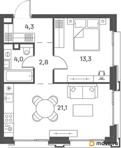 1-комн. квартира, 45.5 м&sup2;