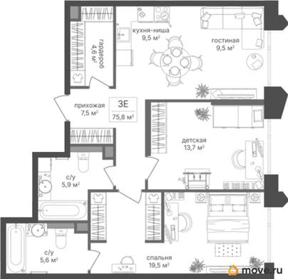 2-комн. квартира, 75.8 м&sup2;