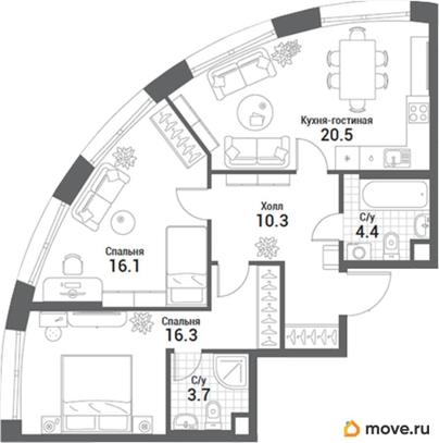 2-комн. квартира, 71.3 м&sup2;