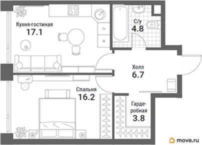 1-комн. квартира, 48.6 м&sup2;
