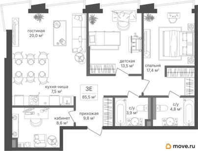 2-комн. квартира, 85.5 м&sup2;