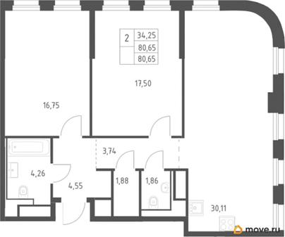 2-комн. квартира, 80.65 м&sup2;