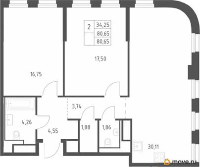 2-комн. квартира, 80.65 м&sup2;