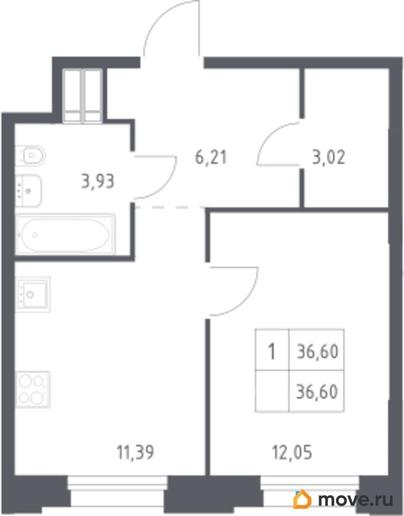 1-комн. квартира, 36.6 м&sup2;