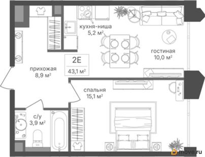 1-комн. квартира, 43.1 м&sup2;