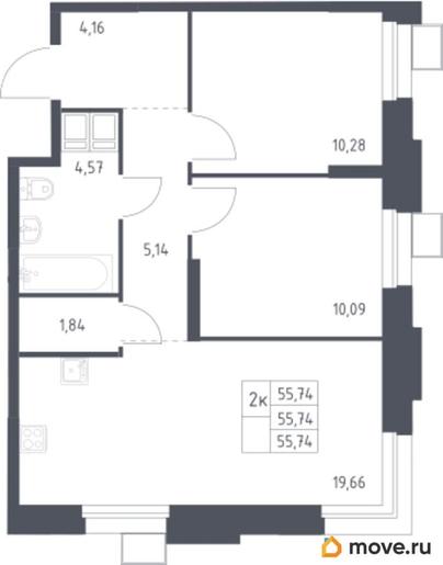 2-комн. квартира, 55.74 м&sup2;