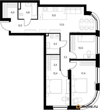 3-комн. квартира, 91.5 м&sup2;
