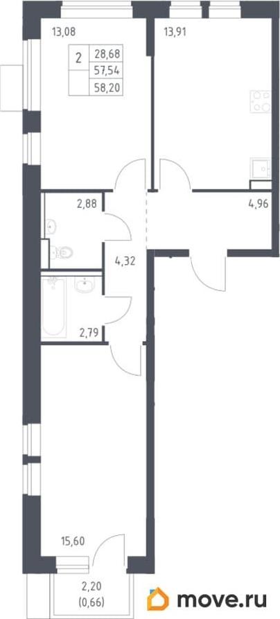 2-комн. квартира, 58.2 м&sup2;
