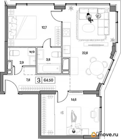 2-комн. квартира, 64.5 м&sup2;