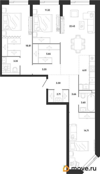 3-комн. квартира, 98.76 м&sup2;