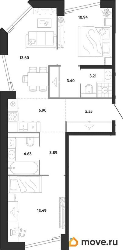 2-комн. квартира, 65.61 м&sup2;