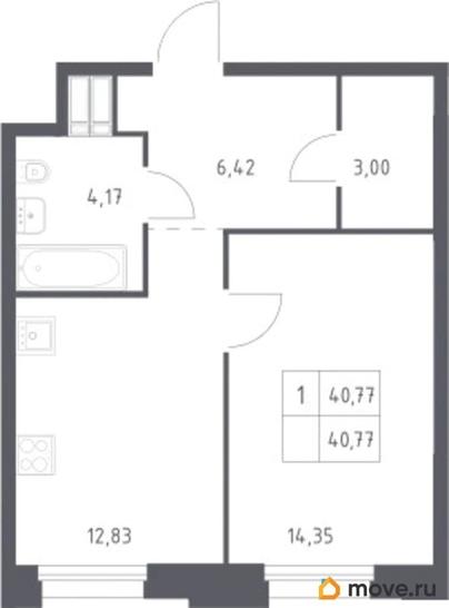 1-комн. квартира, 40.8 м&sup2;