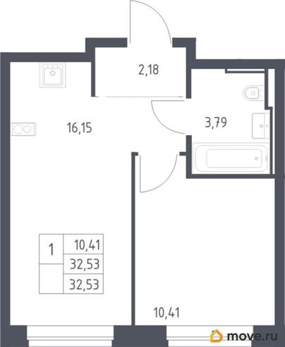 1-комн. квартира, 32.53 м&sup2;