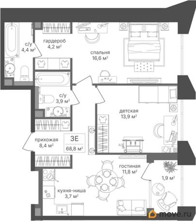 2-комн. квартира, 68.8 м&sup2;