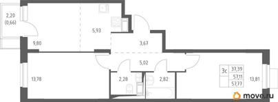 2-комн. квартира, 57.77 м&sup2;