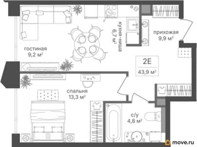 1-комн. квартира, 43.9 м&sup2;