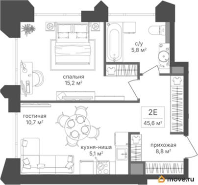 1-комн. квартира, 45.6 м&sup2;