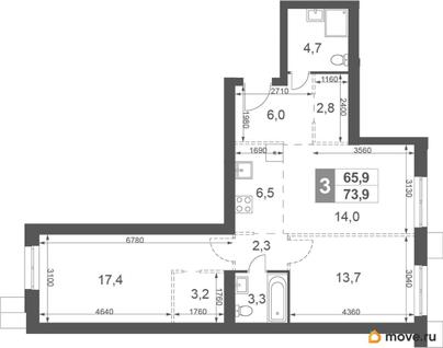 3-комн. квартира, 73.9 м&sup2;