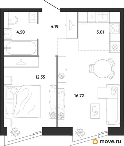 1-комн. квартира, 42.97 м&sup2;