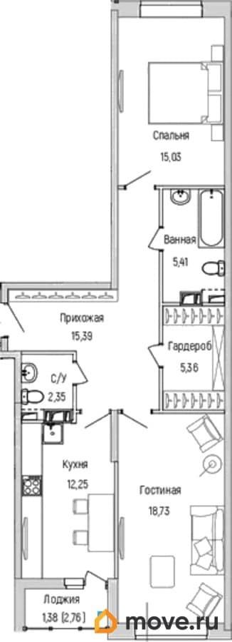 2-комн. квартира, 75.9 м&sup2;