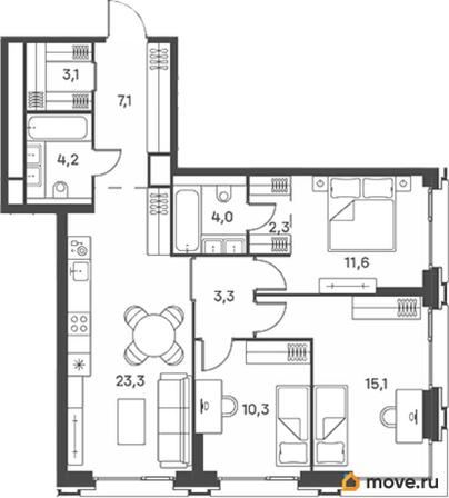 3-комн. квартира, 84.3 м&sup2;