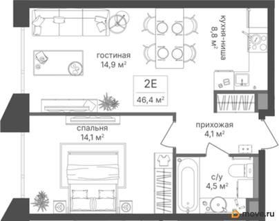 1-комн. квартира, 46.4 м&sup2;