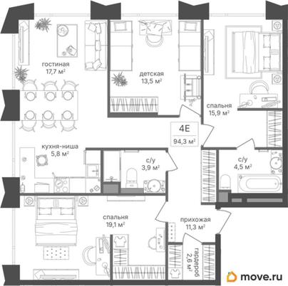 3-комн. квартира, 94.3 м&sup2;
