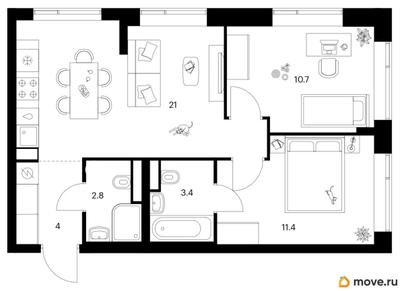 2-комн. квартира, 53.3 м&sup2;