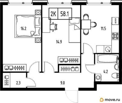 2-комн. квартира, 58.1 м&sup2;