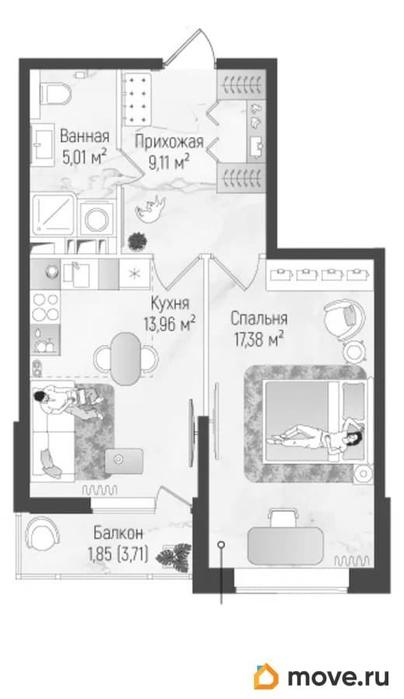 1-комн. квартира, 47.31 м&sup2;