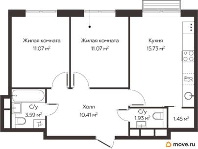 2-комн. квартира, 55.25 м&sup2;