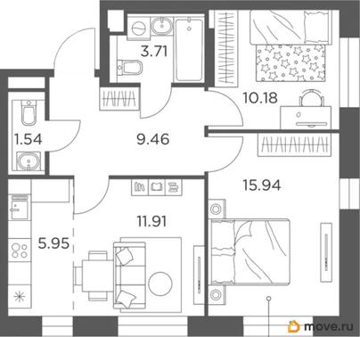 2-комн. квартира, 58.69 м&sup2;