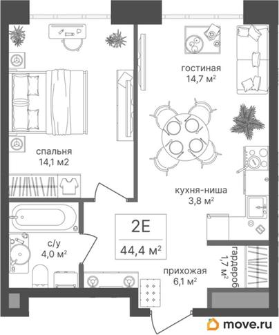 1-комн. квартира, 44.4 м&sup2;