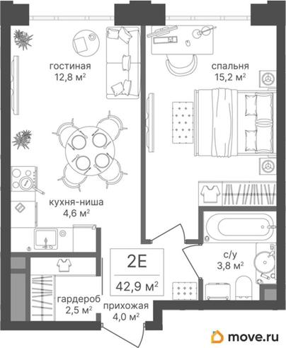 1-комн. квартира, 42.9 м&sup2;