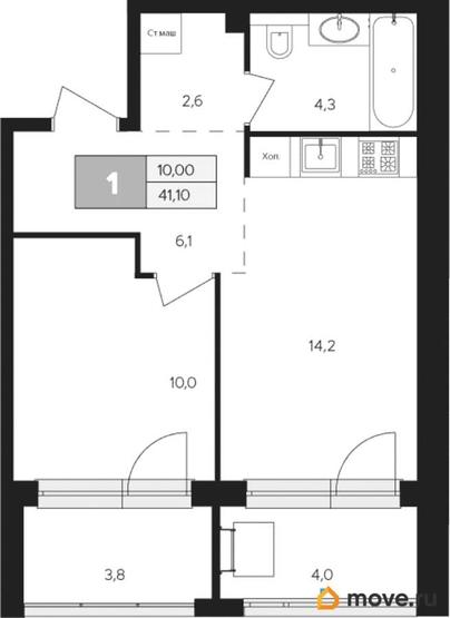 1-комн. квартира, 41.1 м&sup2;